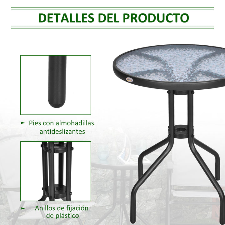 Mesa de Jardim Redonda com Bancada de Vidro Temperado Decorativa e Estrutura de Metal para Pátio Terraço Varanda Ø60x70 cm Preto
