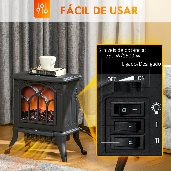 Lareira Elétrica 750/1500 W Lareira Decorativa com 2 Níveis de Potência Efeito Chama Proteção contra Sobreaquecimento Área de Cobertura 15-20 m² 37,3x23,1x44 cm Preto