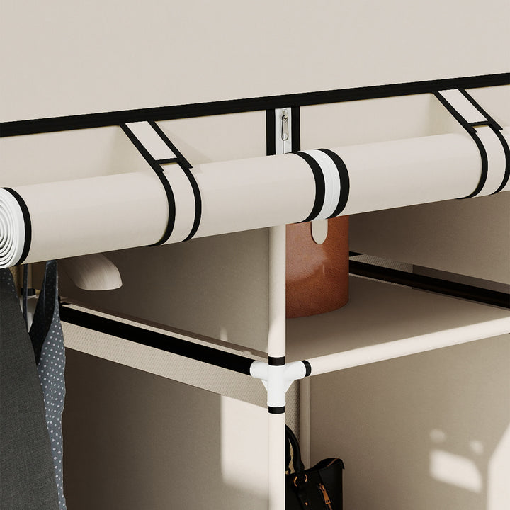 Roupeiro de Tecido Dobrável Armário Portátil com 8 Prateleiras de Armazenamento e 2 Barras de Pendurar Organizador de Roupa para Dormitório Vestidor 125x43x162,5cm Creme