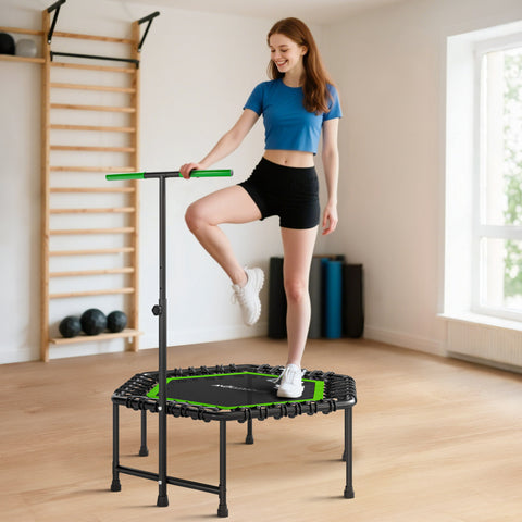 Trampolim Fitness 114x114x132 cm Trampolim Fitness com Guiador Ajustável em 3 Níveis Estrutura de Aço para Treino de Perna Corpo em Casa Escritório Ginásio Verde
