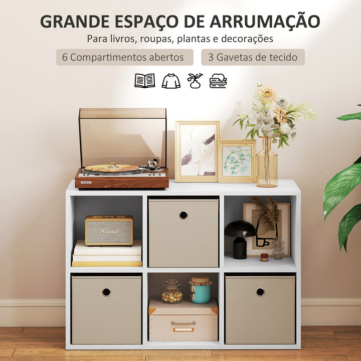 Estante Cubo Moderna Estante de Armazenamento Horizontal ou Vertical com 6 Compartimentos Abertos e 3 Gavetas de Tecido para Sala de Estar Quarto Escritório 53,7x30x79,8 cm Branco e Bege