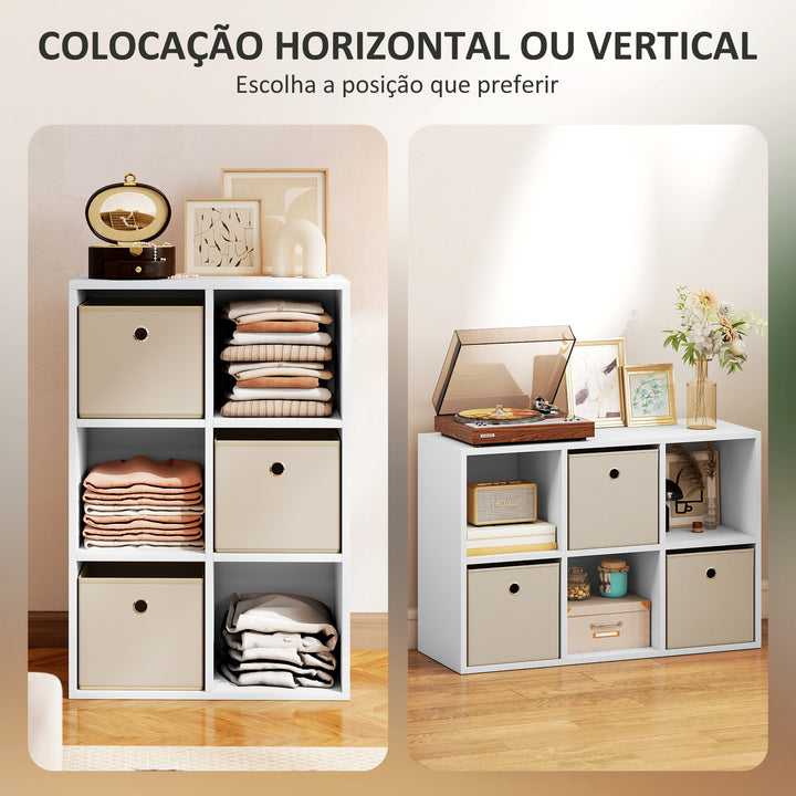 Estante Cubo Moderna Estante de Armazenamento Horizontal ou Vertical com 6 Compartimentos Abertos e 3 Gavetas de Tecido para Sala de Estar Quarto Escritório 53,7x30x79,8 cm Branco e Bege
