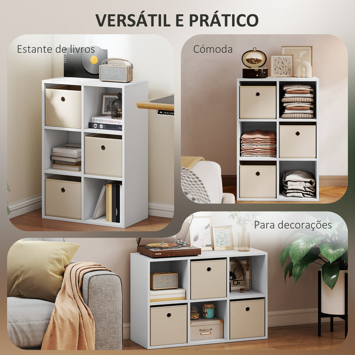 Estante Cubo Moderna Estante de Armazenamento Horizontal ou Vertical com 6 Compartimentos Abertos e 3 Gavetas de Tecido para Sala de Estar Quarto Escritório 53,7x30x79,8 cm Branco e Bege