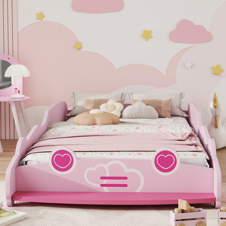 Cama Infantil 70x140 cm em Forma de Carro com Barreira de Proteção e Estrado para Crianças de 3-5 Anos Rosa