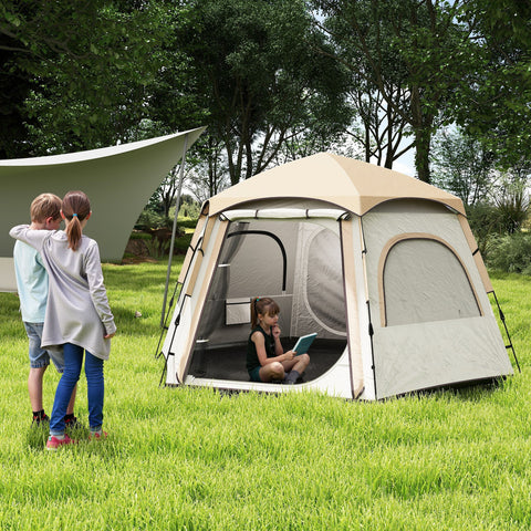 Tenda de Campismo para 2-4 Pessoas Tenda de Campismo Dobrável com Fácil Instalação Janelas de Rede Gancho e Bolsa de Transporte Proteção UV Impermeável para Caminhadas 280x240x155 cm Branco e Bege