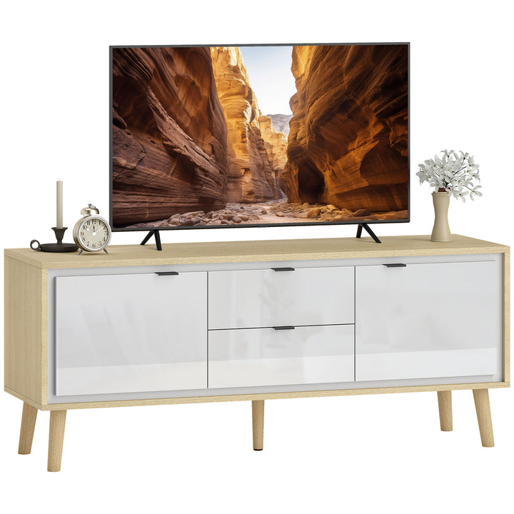 Móvel de TV Moderno de 2 Portas Móvel TV para Sala com 2 Gavetas Orifícios Passa-Cabos Prateleiras Removíveis e Ajustáveis para Televisão 55 Polegadas 120x35x50 cm Branco Brilho e Carvalho