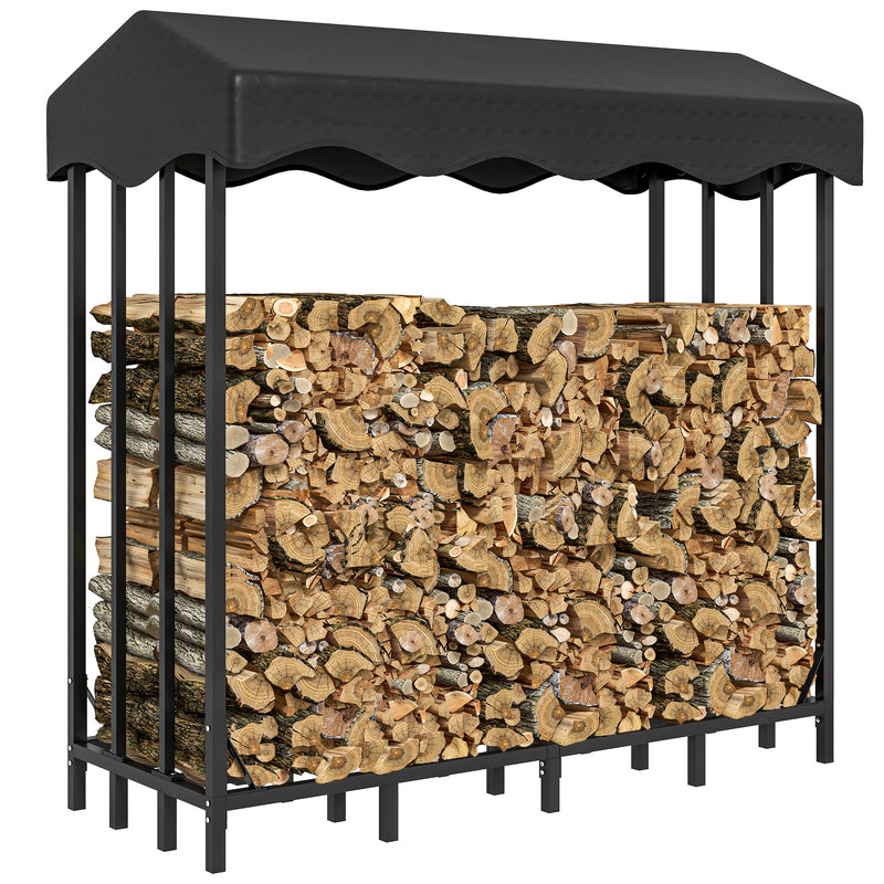 Suporte para Lenha com Cobertura Estante para Lenha de Metal com Estrutura Reforçada e Anéis de Bloqueio Carga 1200 kg para Interior e Exterior 143x70x145 cm Preto