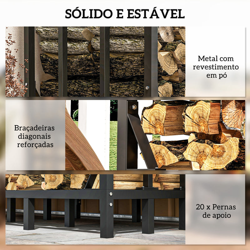 Suporte para Lenha com Cobertura Estante para Lenha de Metal com Estrutura Reforçada e Anéis de Bloqueio Carga 1200 kg para Interior e Exterior 143x70x145 cm Preto