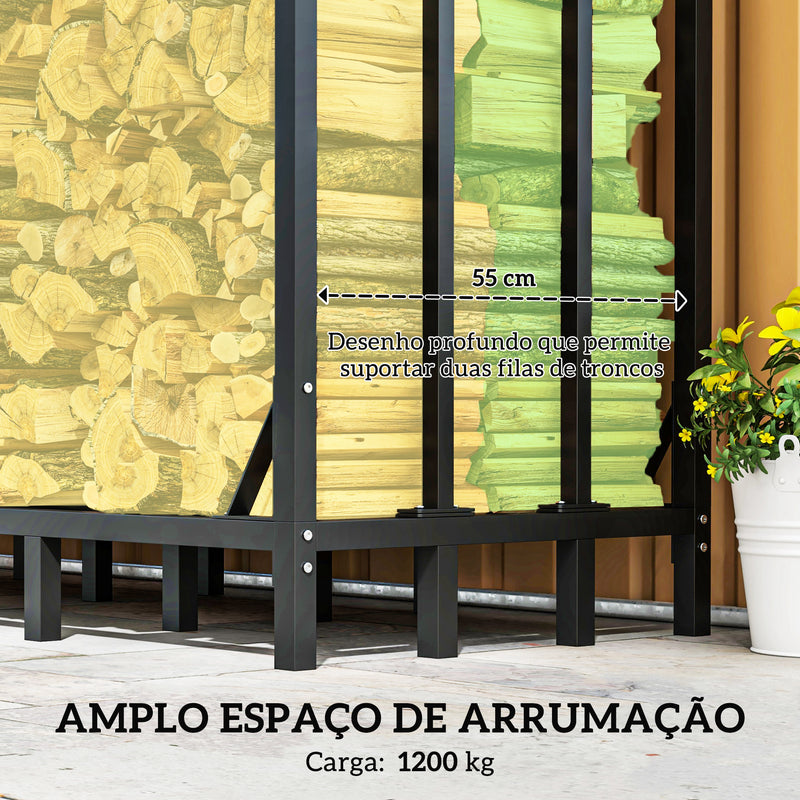 Suporte para Lenha com Cobertura Estante para Lenha de Metal com Estrutura Reforçada e Anéis de Bloqueio Carga 1200 kg para Interior e Exterior 143x70x145 cm Preto