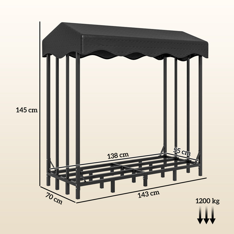 Suporte para Lenha com Cobertura Estante para Lenha de Metal com Estrutura Reforçada e Anéis de Bloqueio Carga 1200 kg para Interior e Exterior 143x70x145 cm Preto