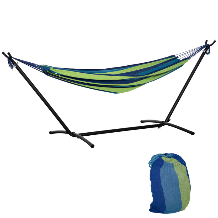 Cama Rede com Suporte 298x117 cm Cama Rede de Campismo com Bolsa de Transporte Portátil Altura Ajustável Capacidade 120 kg para Pátio Varanda Verde e Azul