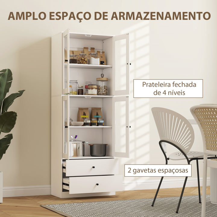 Armário de Cozinha Alto Móvel Auxiliar de Cozinha com 4 Portas de Vidro 2 Gavetas Prateleiras Ajustáveis 59x30x170 cm, Branco