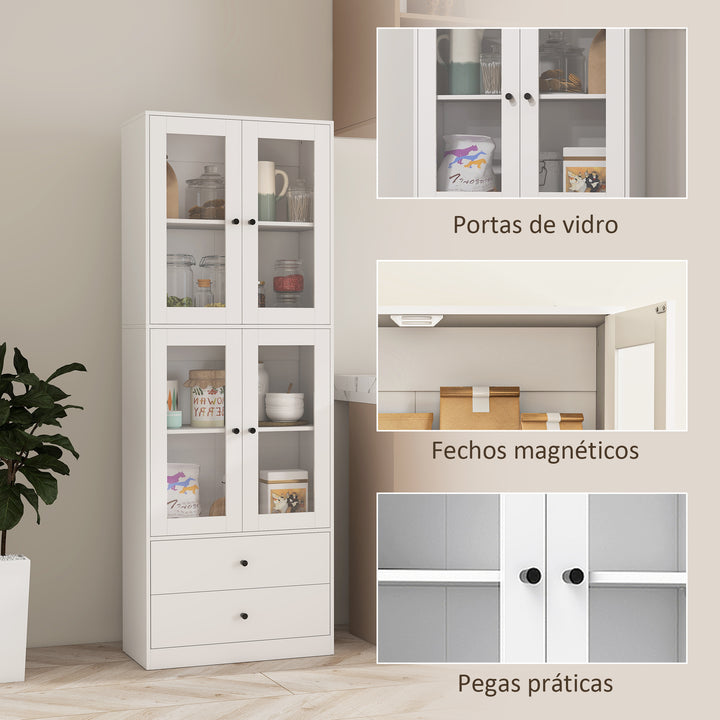 Armário de Cozinha Alto Móvel Auxiliar de Cozinha com 4 Portas de Vidro 2 Gavetas Prateleiras Ajustáveis 59x30x170 cm, Branco