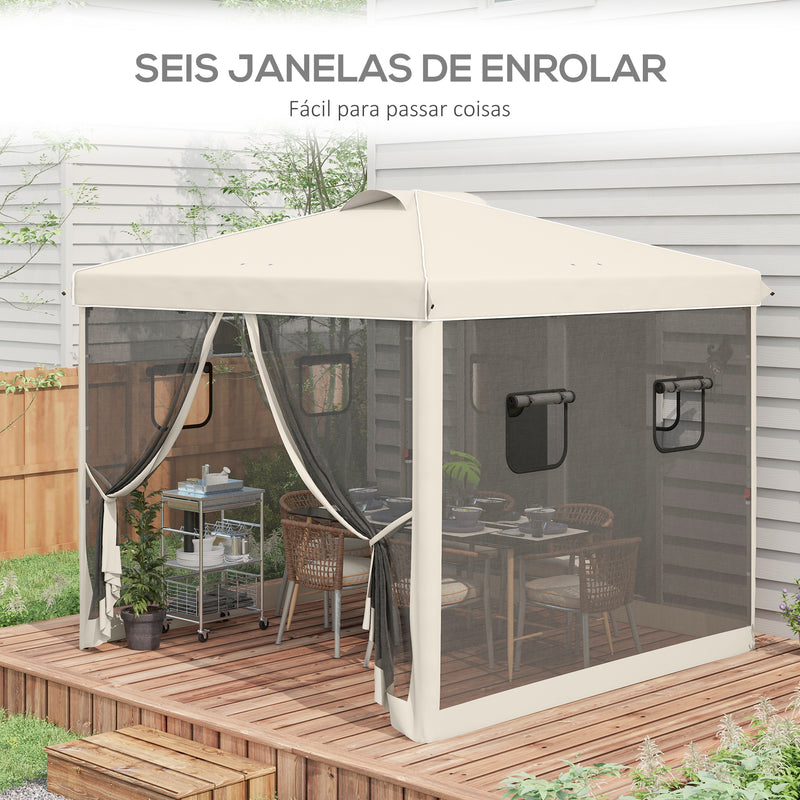 Tenda Dobrável 3x3 m Tenda de Jardim com Parede Lateral de Malha 6 Janelas Altura Ajustável em 3 Níveis Proteção UV30+ e Impermeável para Campismo Festas Bege