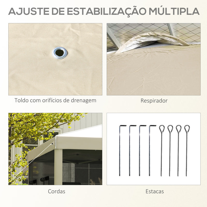 Tenda Dobrável 3x3 m Tenda de Jardim com Parede Lateral de Malha 6 Janelas Altura Ajustável em 3 Níveis Proteção UV30+ e Impermeável para Campismo Festas Bege