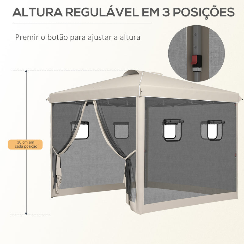 Tenda Dobrável 3x3 m Tenda de Jardim com Parede Lateral de Malha 6 Janelas Altura Ajustável em 3 Níveis Proteção UV30+ e Impermeável para Campismo Festas Bege