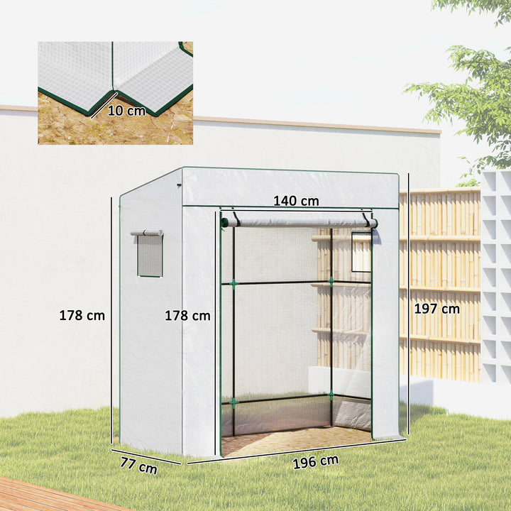 Estufa Pequena de Exterior com Janelas de Rede e Porta com Fecho de Correr Estrutura de Aço e Cobertura de PE 140g/m² para Cultivar Tomates, Plantas e Flores 196x77x197 cm Branco