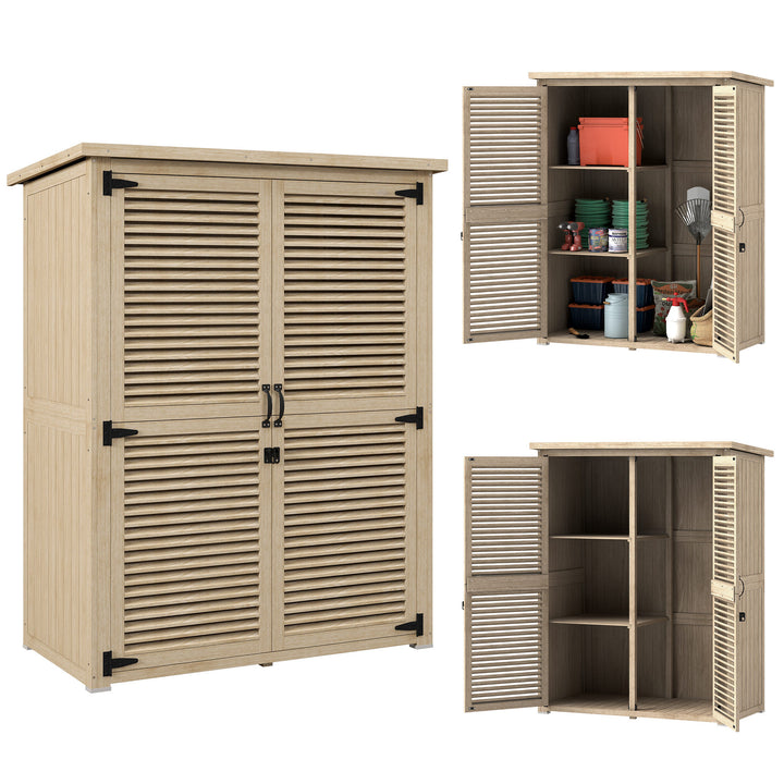 Armário de Jardim de Madeira 0,83 m² 127x65x168 cm Armário Exterior de Madeira com 2 Portas de Persiana 2 Prateleiras 2 Alças e Telhado Impermeável Natural