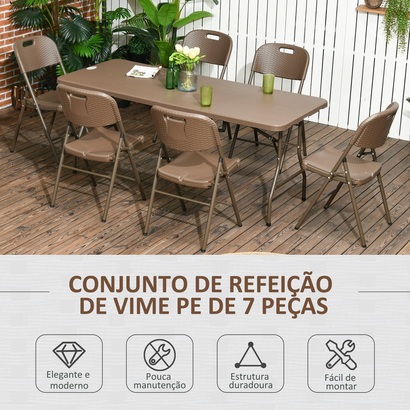 Conjunto de Mesa e 6 Cadeiras de Jardim Conjunto de Refeição de 7 Peças Dobrável com Imitação de Vime com Estrutura de Aço para Pátio Varanda Marrom