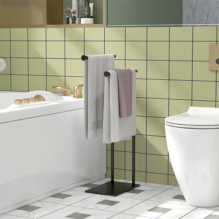 Toalheiro de Pé de 2 Níveis Toalheiro Casa de Banho com 2 Barras e Estrutura de Metal Toalheiro Moderno em Forma de L 35,5x20x78 cm Preto