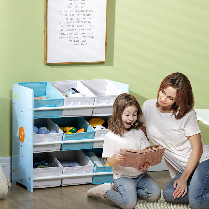 Estante para Brinquedos com 9 Caixas de Tecido não Tecido Amovíveis Organizador de Brinquedos para Dormitório Escola Infantil 63x30x60 cm Azul