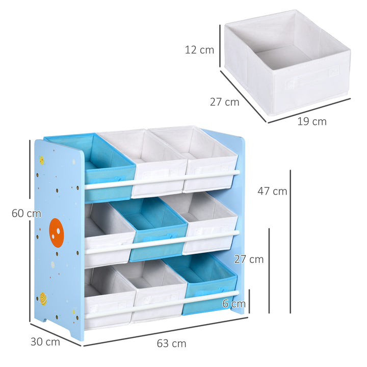 Estante para Brinquedos com 9 Caixas de Tecido não Tecido Amovíveis Organizador de Brinquedos para Dormitório Escola Infantil 63x30x60 cm Azul
