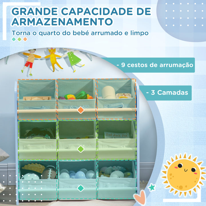 Estante para Brinquedos com 9 Caixas de Tecido não Tecido Amovíveis Organizador de Brinquedos para Dormitório Escola Infantil 63x30x60 cm Azul