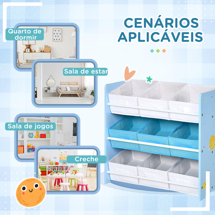 Estante para Brinquedos com 9 Caixas de Tecido não Tecido Amovíveis Organizador de Brinquedos para Dormitório Escola Infantil 63x30x60 cm Azul