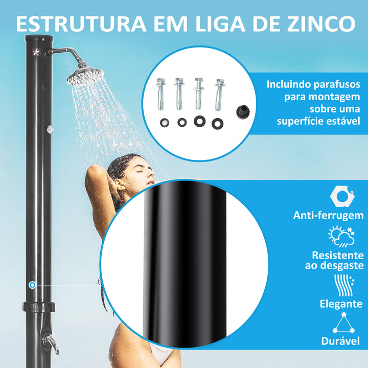 Duche Solar de Jardim 20L Duche de Exterior com Cabeçal Redondo Torneira de Água Quente Máximo 60? e Duche de Pés para Piscina Pátio Praia 15,5x15,5x222 cm Preto