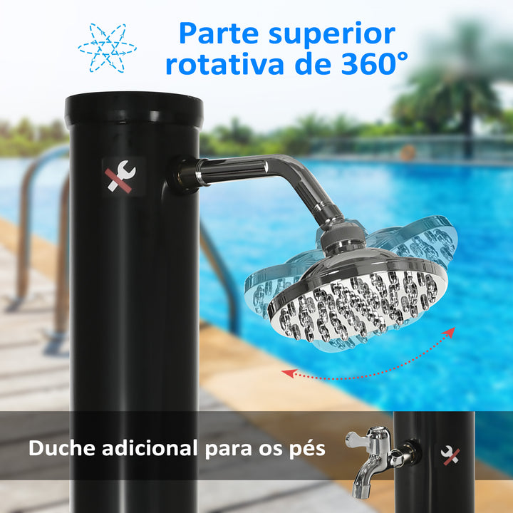 Duche Solar de Jardim 20L Duche de Exterior com Cabeçal Redondo Torneira de Água Quente Máximo 60? e Duche de Pés para Piscina Pátio Praia 15,5x15,5x222 cm Preto