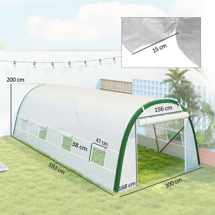 Estufa de Exterior 6x3x2 m Estufa de Túnel com Porta Enrolável 8 Janelas com Rede Cobertura PE 140g/m² Estrutura em Aço Galvanizado para Cultivos Plantas Flores Branco