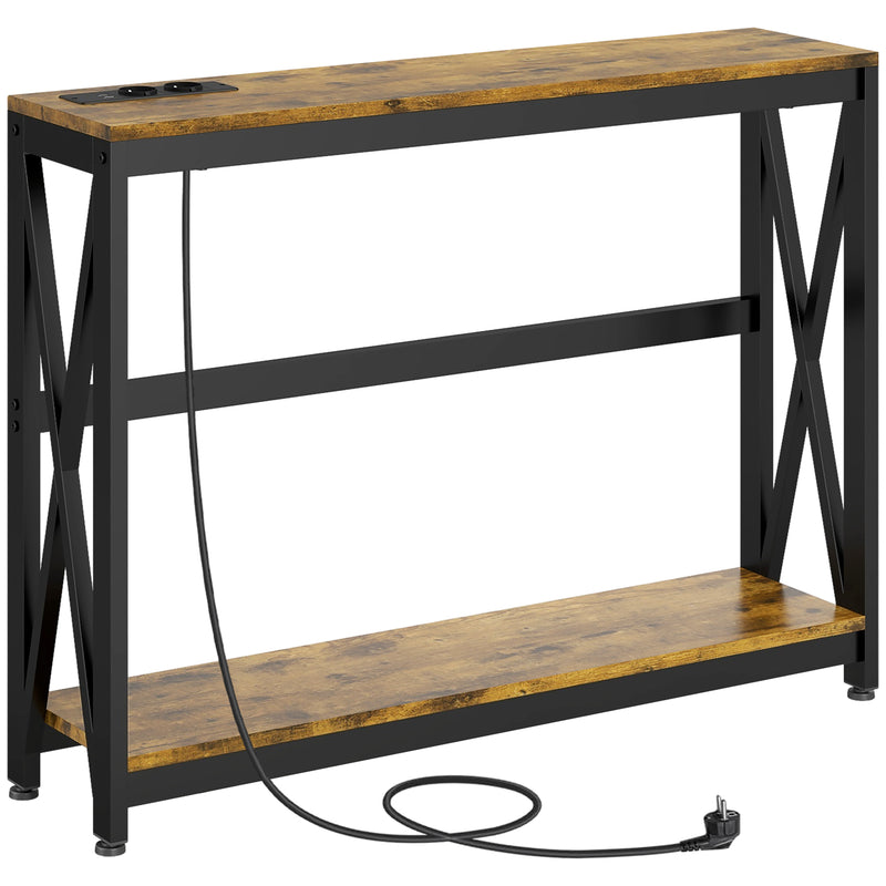 Mesa Consola de Estilo Industrial Mesa de Entrada de 2 Níveis com Estação de Carregamento e Estrutura de Aço para Sala Corredor 100x24x75 cm Castanho Rústico