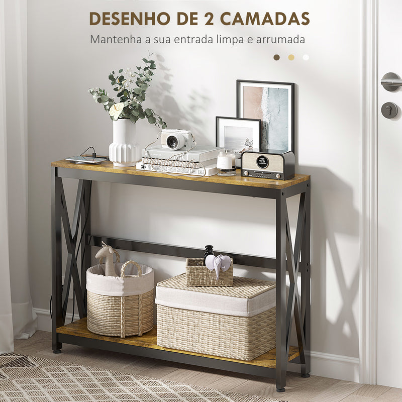 Mesa Consola de Estilo Industrial Mesa de Entrada de 2 Níveis com Estação de Carregamento e Estrutura de Aço para Sala Corredor 100x24x75 cm Castanho Rústico