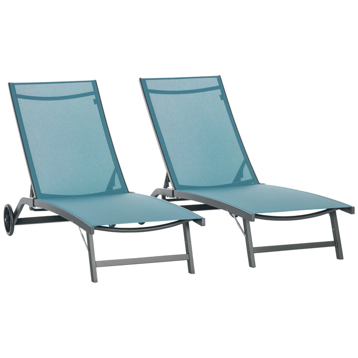 Conjunto de 2 Espreguiçadeiras Reclináveis de Jardim Espreguiçadeiras de Alumínio para Exterior com Encosto Ajustável em 5 Níveis e Rodas para Praia Piscina 165x66x102 cm Azul