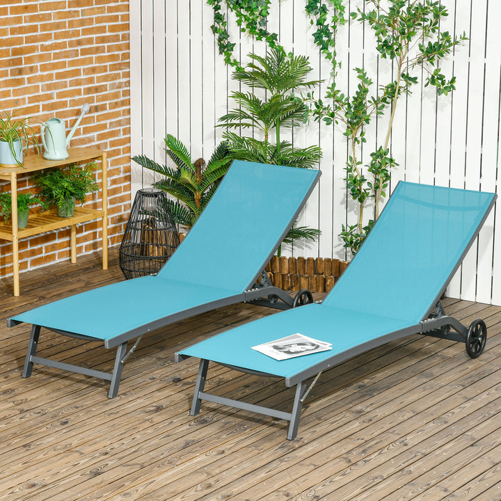 Conjunto de 2 Espreguiçadeiras Reclináveis de Jardim Espreguiçadeiras de Alumínio para Exterior com Encosto Ajustável em 5 Níveis e Rodas para Praia Piscina 165x66x102 cm Azul