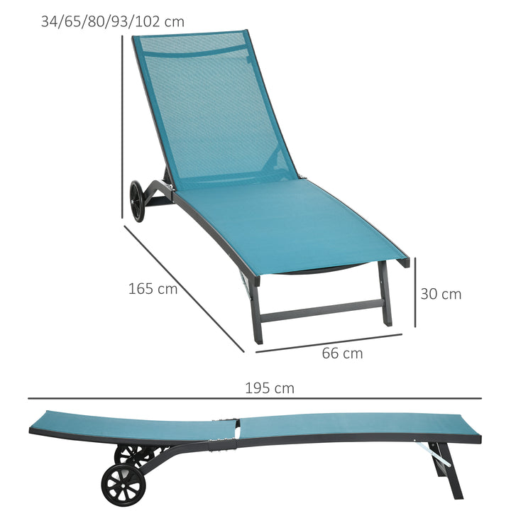 Conjunto de 2 Espreguiçadeiras Reclináveis de Jardim Espreguiçadeiras de Alumínio para Exterior com Encosto Ajustável em 5 Níveis e Rodas para Praia Piscina 165x66x102 cm Azul