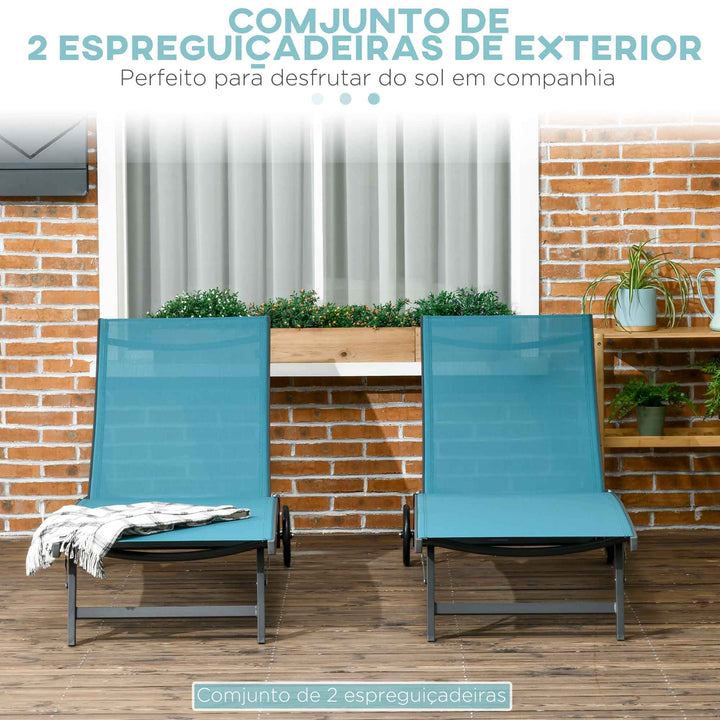 Conjunto de 2 Espreguiçadeiras Reclináveis de Jardim Espreguiçadeiras de Alumínio para Exterior com Encosto Ajustável em 5 Níveis e Rodas para Praia Piscina 165x66x102 cm Azul