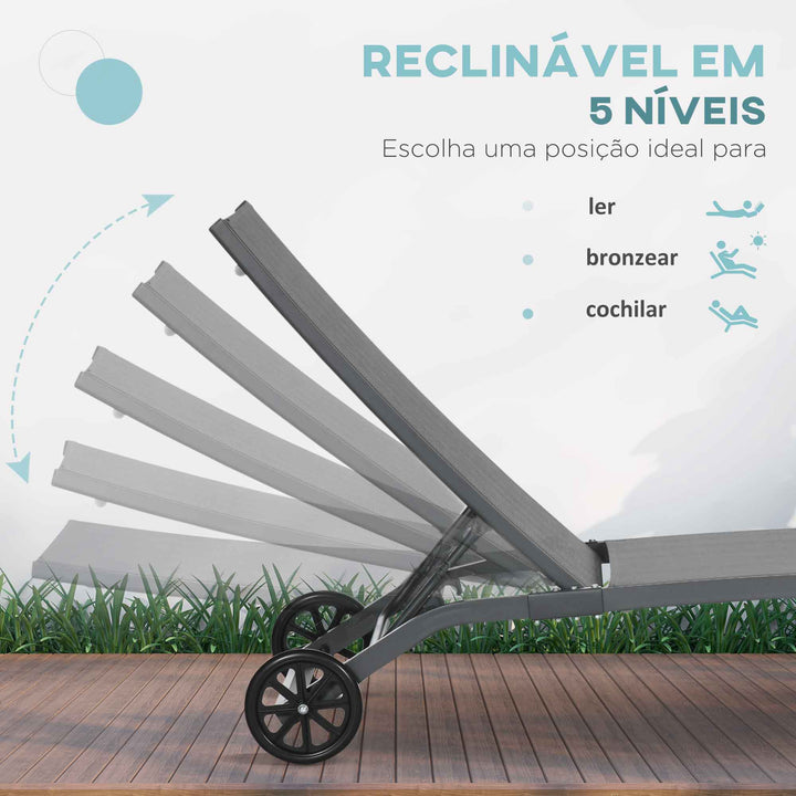 Conjunto de 2 Espreguiçadeiras Reclináveis de Jardim Espreguiçadeiras de Alumínio para Exterior com Encosto Ajustável em 5 Níveis e Rodas para Praia Piscina 165x66x102 cm Azul