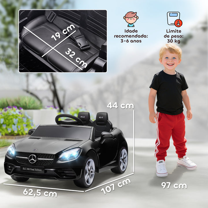 Carro Elétrico Mercedes SLC 300 12V para Crianças de 3-6 Anos com Controlo Remoto Faróis LED Buzina Música TF USB e Abertura da Porta 3-5km/h 107x62,5x44 cm Preto