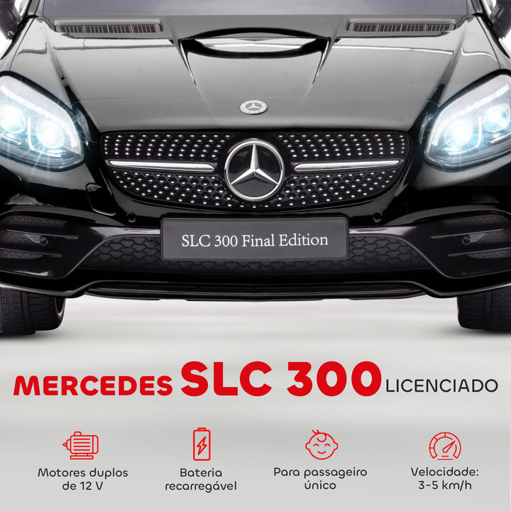 Carro Elétrico Mercedes SLC 300 12V para Crianças de 3-6 Anos com Controlo Remoto Faróis LED Buzina Música TF USB e Abertura da Porta 3-5km/h 107x62,5x44 cm Preto