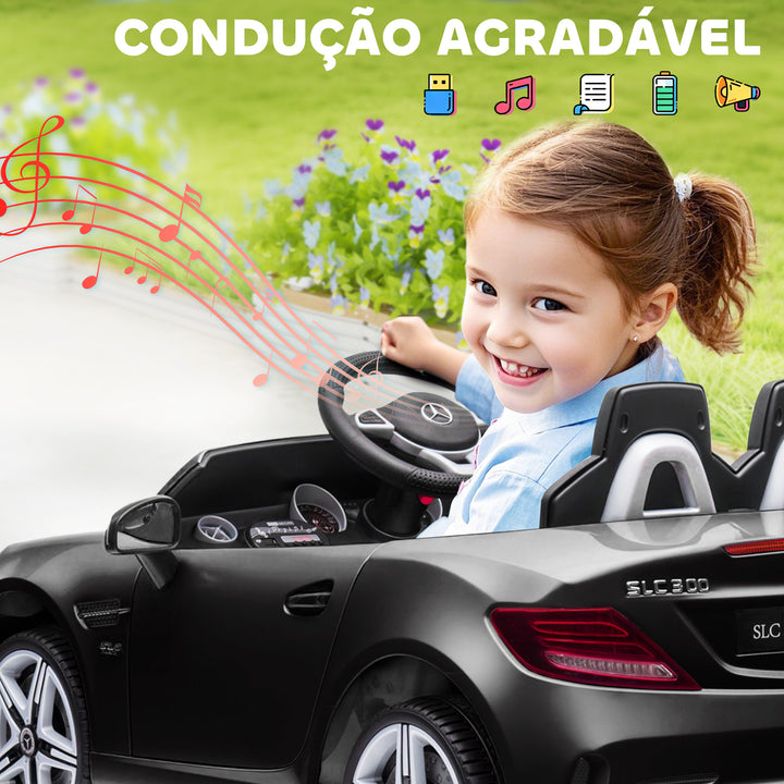 Carro Elétrico Mercedes SLC 300 12V para Crianças de 3-6 Anos com Controlo Remoto Faróis LED Buzina Música TF USB e Abertura da Porta 3-5km/h 107x62,5x44 cm Preto
