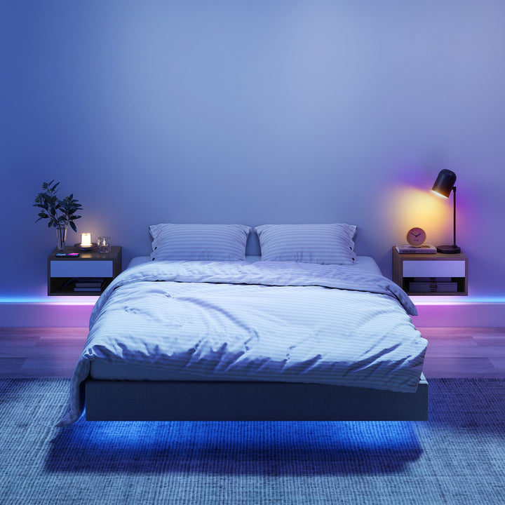 Conjunto de 2 Mesas de Cabeceira Flutuantes com Luzes LED RGB Controlo por APP Mesas de Cabeceira para Quarto com Gaveta Prateleira Aberta 37x32x21 cm Madeira e Branco