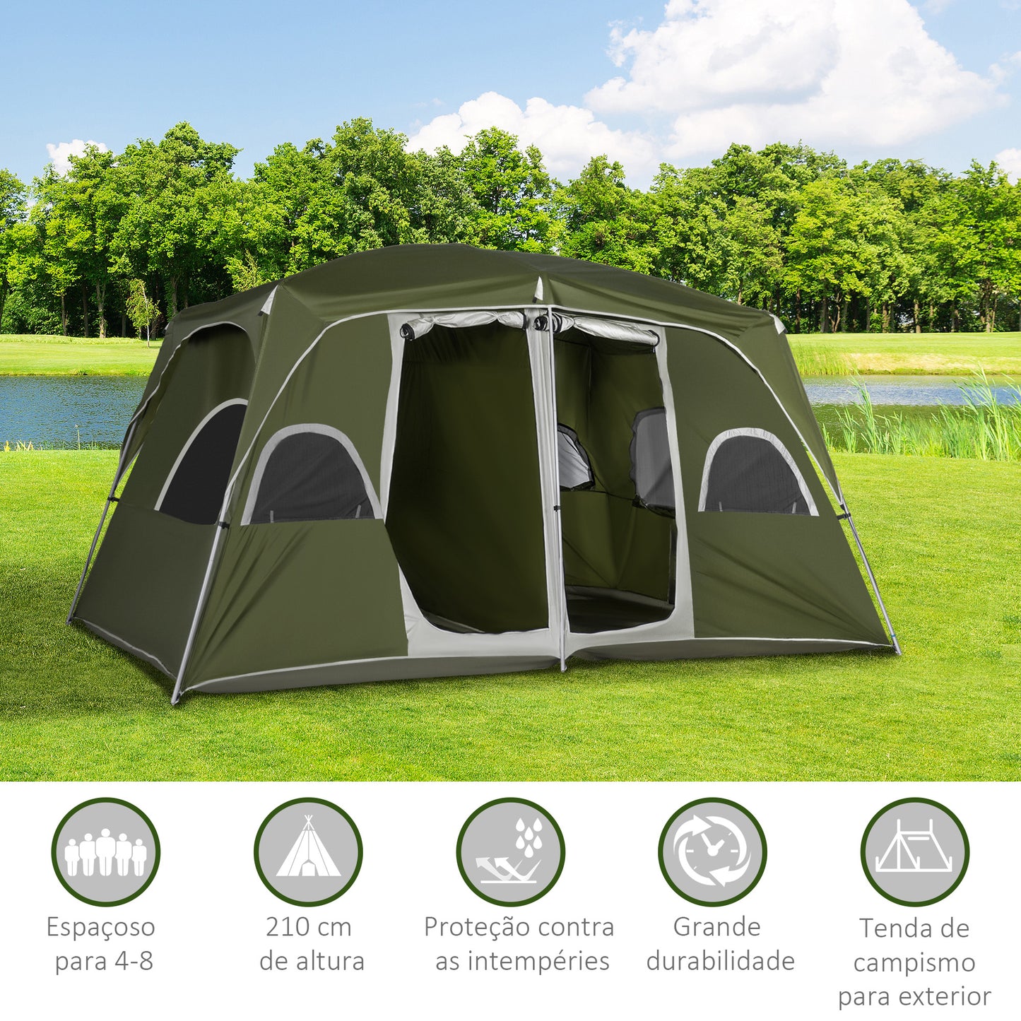 Tenda de Campismo Familiar para 4-8 Pessoas com 2 Quartos Tenda de Campismo Grande com 2 Bolsos e Janelas com Malha Impermeável 400x275x210 cm Verde