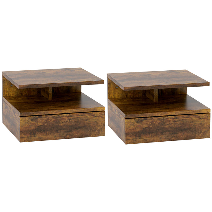 Conjunto de 2 Mesas de Cabeceira Flutuantes, Mesas de Cabeceira com Gaveta e Prateleira Aberta, Design Moderno e Poupa Espaço, Castanho Rústico, 35x32x22,5 cm