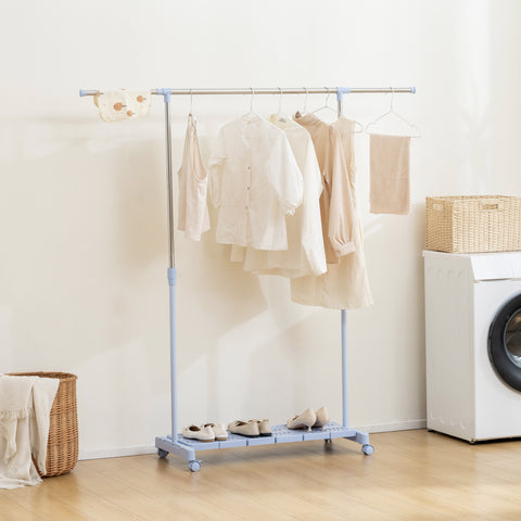 Charriot Extensível com Rodas Charriot de Roupa com Barra de Aço Inoxidável e Prateleira para Sapatos Altura Ajustável para Interior 94-159x42x93-168 cm Azul e Prateado