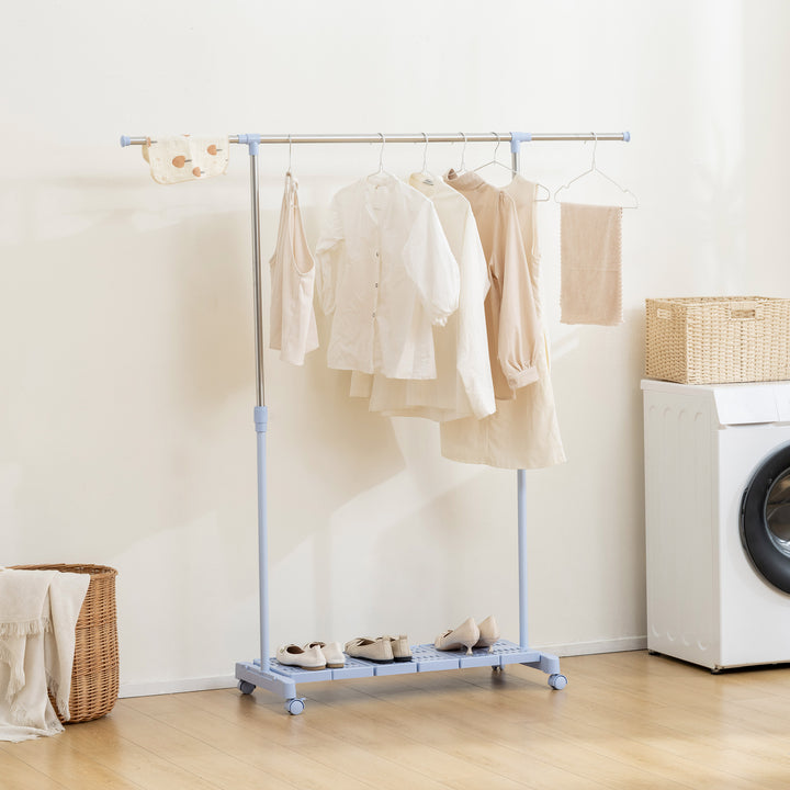 Charriot Extensível com Rodas Charriot de Roupa com Barra de Aço Inoxidável e Prateleira para Sapatos Altura Ajustável para Interior 94-159x42x93-168 cm Azul e Prateado