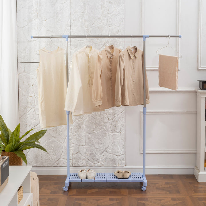 Charriot Extensível com Rodas Charriot de Roupa com Barra de Aço Inoxidável e Prateleira para Sapatos Altura Ajustável para Interior 94-159x42x93-168 cm Azul e Prateado