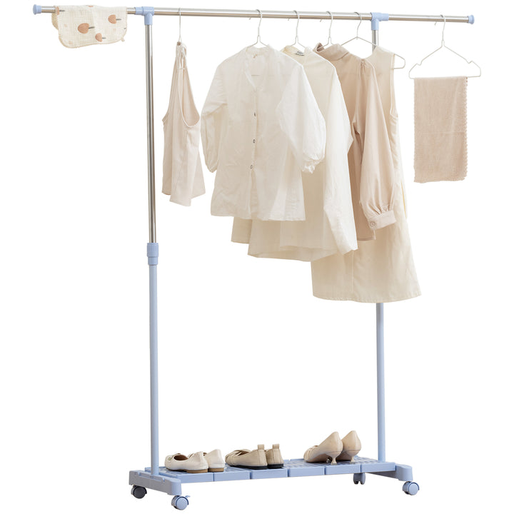 Charriot Extensível com Rodas Charriot de Roupa com Barra de Aço Inoxidável e Prateleira para Sapatos Altura Ajustável para Interior 94-159x42x93-168 cm Azul e Prateado