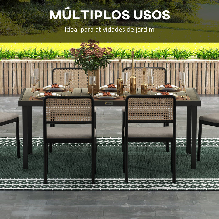 Mesa de Jardim Retangular Mesa de Exterior para 8 Pessoas com Bancada de Ripas e Estrutura de Alumínio para Terraço Balcão 190x90x74 cm Preto e Madeira