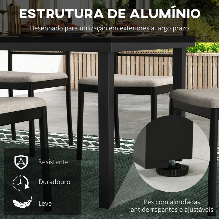 Mesa de Jardim Retangular Mesa de Exterior para 8 Pessoas com Bancada de Ripas e Estrutura de Alumínio para Terraço Balcão 190x90x74 cm Preto e Madeira